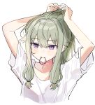  1girl arms_up closed_mouth commentary_request dot_nose green_hair hair_tie highres kusanagi_nene low_tied_sidelocks pjmiyo project_sekai shirt short_sleeves simple_background solo tying_hair upper_body violet_eyes white_background white_shirt 