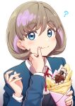  1girl 1other ? bangs blazer blue_eyes blush bob_cut brown_hair chocolate closed_mouth collared_shirt commentary_request cream crepe deadnooodles dress_shirt eyebrows_visible_through_hair food food_on_face highres holding jacket long_sleeves looking_at_viewer love_live! love_live!_superstar!! multicolored_hair neck_ribbon oreo outline pink_hair red_ribbon ribbon shiny shiny_hair shirt short_hair simple_background solo_focus tang_keke two-tone_hair upper_body white_background white_outline white_shirt wiping_face 