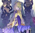  1girl bandaged_arm bandaged_leg bandages blonde_hair body_markings braid briar_rose_(sinoalice) closed_mouth corruption crown elbow_gloves flower gloves glowing glowing_eyes looking_at_viewer one_eye_covered purple_gloves rose short_hair sigatu_r sinoalice sitting smile solo staff tattoo yellow_eyes 