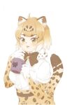  0nanaten 1girl animal_ears black_neckwear blonde_hair blush bow bowtie brown_hair center_frills commentary_request cup elbow_gloves food food_on_face frills fur_collar gloves high-waist_skirt jaguar_(kemono_friends) jaguar_ears jaguar_girl jaguar_print jaguar_tail kemono_friends mug multicolored_hair print_gloves print_skirt shirt short_hair short_sleeves skirt solo t-shirt tail tongue tongue_out upper_body whipped_cream white_fur white_hair white_shirt 