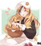  1girl apron basket beret blonde_hair blue_eyes blue_hair blush bread commandant_teste_(kancolle) eyebrows_visible_through_hair food hat holding holding_basket kantai_collection long_hair long_sleeves multicolored_hair open_mouth redhead shakemi_(sake_mgmgmg) smile solo streaked_hair upper_body white_apron white_hair white_headwear 