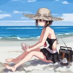  1girl adapted_costume ahoge beach black_hair black_skirt black_swimsuit blue_eyes blue_sky braid casual_one-piece_swimsuit clouds conch day dress hair_flaps hair_over_shoulder hat highres horizon kantai_collection looking_at_viewer ocean one-piece_swimsuit outdoors pleated_dress radio remodel_(kantai_collection) shigure_(kancolle) single_braid sitting skirt sky solo straw_hat sugue_tettou sun_hat swimsuit swimsuit_skirt waves 