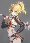  1girl alternate_costume alternate_weapon belt blonde_hair braid breasts cleavage_cutout clothing_cutout club cowboy_shot detached_sleeves fate/apocrypha fate/grand_order fate_(series) green_eyes grey_background hand_on_hip highres index_finger_raised long_sleeves midriff mordred_(fate) mordred_(fate)_(all) navel over_shoulder ponytail revision short_shorts shorts sideboob small_breasts smile solo spiked_club toned tonee weapon weapon_over_shoulder 
