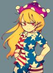  1girl absurdres american_flag_dress american_flag_legwear andanon bad_hands bangs blonde_hair breasts bright_pupils closed_mouth clownpiece commentary_request contrapposto cowboy_shot grey_background hands_on_hips hat highres jester_cap long_hair looking_at_viewer neck_ruff pantyhose pointy_ears polka_dot purple_headwear red_eyes short_sleeves simple_background slit_pupils small_breasts smile solo star_(symbol) star_print touhou v-shaped_eyebrows very_long_hair white_pupils 