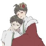  2boys ahoge alternate_costume bangs brown_eyes brown_hair collared_shirt crown dangan_ronpa_(series) dangan_ronpa_2:_goodbye_despair dual_persona fur_trim green_neckwear grey_background hand_on_another&#039;s_shoulder hand_up hinata_hajime ling_(rin_drkmh) looking_at_viewer male_focus multiple_boys necktie off_shoulder open_mouth red_eyes royal_robe sad shirt short_hair simple_background upper_body 