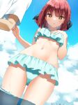  1girl :o bangs bikini black_ribbon blue_bikini blue_sky blush braid breasts clouds commentary_request day eyebrows_visible_through_hair from_below hair_ribbon hand_on_own_chest highres medium_hair muninshiki navel original outdoors parted_lips redhead ribbon shirt_grab short_sleeves sky solo_focus stomach swimsuit wading water wet yellow_eyes 