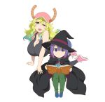  1boy 1girl :d all_fours bangs baseball_cap black_headwear black_legwear blonde_hair blue_footwear blue_hair blue_shirt blunt_bangs book breasts cape dot_nose dragon_horns expressionless flower gradient_hair green_eyes green_hair green_pants grimoire hair_between_eyes half-closed_eyes hat highres holding holding_book horns horns_through_headwear huge_breasts key_visual knees_to_chest knees_up kobayashi-san_chi_no_maidragon looking_at_viewer lucoa_(maidragon) magatsuchi_shouta multicolored_hair no_nose official_art one_eye_closed open_book open_mouth pants pink_flower pink_headwear promotional_art purple_hair shirt shoes smile sneakers tank_top thigh-highs transparent_background violet_eyes wizard_hat 