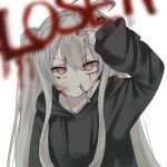  1girl black_sweater blood blood_on_face bloody_hands bow closed_mouth creepypasta hair_bow looking_up original pale_skin pink_eyes short_twintails simple_background solo sweater twintails white_background white_hair 