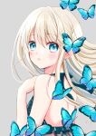  1girl bangs bikini bikini_top blonde_hair blue_eyes blush bug butterfly commentary_request eyebrows_visible_through_hair frilled_bikini frills halterneck highres insect long_hair looking_at_viewer original sidelocks simple_background solo swimsuit tiramisu651 