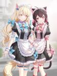  2girls animal_ears apron bell black_dress black_hair blonde_hair bow bowtie cat_ears cat_girl cat_tail choker commission dress frilled_dress frills hair_bow highres jingle_bell long_hair looking_at_another low_twintails maid maid_apron maid_headdress multiple_girls original pixiv_request puffy_sleeves red_eyes ronopu short_sleeves smile standing tail thigh_strap twintails waist_apron wavy_hair wing_collar wrist_cuffs yellow_eyes 
