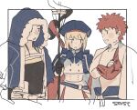  1girl 2boys artist_name artoria_pendragon_(all) artoria_pendragon_(caster)_(fate) belt blonde_hair cloak coat crossed_arms cu_chulainn_(caster)_(fate) cu_chulainn_(fate)_(all) emiya_shirou fate/grand_order fate_(series) fur-trimmed_hood fur_trim hand_on_hip hat holding holding_staff hood limited/zero_over looking_at_another multiple_boys outside_border redhead ribbon sengo_muramasa_(fate) sost_fgo staff 