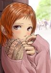  1girl absurdres blush brown_eyes clothing_cutout from_side highres kirie_kairi long_sleeves looking_at_viewer looking_to_the_side medium_hair orange_hair original outdoors pink_sweater ribbed_sweater shoulder_cutout shoulder_tattoo smile solo sweater tattoo 