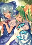  2girls absurdres bangs blue_bow blue_dress blue_eyes blue_hair bow cirno closed_eyes collar daiyousei dress eyebrows_visible_through_hair eyes_visible_through_hair green_hair hair_between_eyes hair_bow highres hug hug_from_behind ice ice_wings kozomezuki leaf light multiple_girls one_eye_closed open_mouth ponytail puffy_short_sleeves puffy_sleeves red_bow red_neckwear shadow shirt short_hair short_sleeves smile sunlight touhou tree white_collar white_shirt white_sky white_sleeves wings yellow_bow yellow_neckwear yuri 