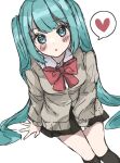  1girl :o aqua_eyes aqua_hair arm_support bangs between_legs black_legwear black_skirt blush bow bowtie clothing_request collared_shirt commentary eyebrows_visible_through_hair from_above hand_between_legs hatsune_miku heart highres kneehighs long_hair looking_at_viewer looking_up parted_lips red_neckwear shirt simple_background sitting sk_duki skirt solo spoken_heart twintails very_long_hair vocaloid white_background 