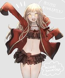  1girl :d akitama2727 bangs bikini brown_bikini frilled_bikini frills grey_background hair_between_eyes hair_ribbon highres hood hoodie little_red_riding_hood_(sinoalice) long_hair long_sleeves navel open_mouth red_hoodie ribbon simple_background sinoalice smile solo speech_bubble swimsuit waving 