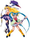  1990s_(style) 1girl 2girls aqua_hair arm_up bangs bird blonde_hair boots cabbit elbow_gloves facial_mark feathers fingerless_gloves forehead_mark freckles gloves holding holding_wand kawai_sasami knee_boots long_hair long_sleeves looking_at_viewer magical_girl mahou_shoujo_pretty_sammy masaki_sasami_jurai miniskirt multiple_girls obi official_art open_mouth pink_eyes pixy_misa pleated_skirt pretty_sammy_(character) red_eyes retro_artstyle ryou-ouki sash simple_background skirt smile solo twintails very_long_hair wand white_background white_skirt 