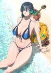  1girl abs absurdres age_difference animal_ears beach bikini black_bikini black_hair blue_bikini blush breasts commentary_request eyebrows_visible_through_hair from_above green_eyes hair_over_eyes highres large_breasts looking_at_viewer navel original redhead scar short_hair swimsuit thick_thighs thighs turbo_engine_(rakugaki_tabo) two-tone_bikini water yellow_eyes 