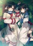  2girls 40hara :p animal_ears aruruw black_hair brown_eyes closed_mouth commentary_request eruruw grass highres long_hair long_sleeves looking_at_viewer lying multiple_girls on_side siblings sisters smile tail tongue tongue_out utawarerumono 