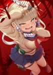  1girl blonde_hair blood blue_skirt blush boku_no_hero_academia breasts brown_footwear fangs fingernails hand_on_own_cheek hand_on_own_face highres holding holding_knife knife large_breasts looking_at_viewer open_mouth pleated_skirt red_background red_neckwear school_uniform serafuku shoes short_hair skirt smile solo teeth thighs toga_himiko yasojima_nejiro yellow_eyes 
