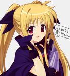  1girl absurdres bangs black_cape black_gloves black_leotard black_ribbon blonde_hair cape commentary_request dated eyebrows_visible_through_hair fate_testarossa fingerless_gloves gauntlets gloves hair_ribbon highres leotard long_hair looking_at_viewer lyrical_nanoha magical_girl mahou_shoujo_lyrical_nanoha naganegi_sinsen open_mouth red_eyes ribbon simple_background single_gauntlet sleeveless smile solo translation_request twintails upper_body 