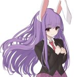  .me 1girl animal_ears bangs black_jacket breasts closed_mouth collared_shirt commentary_request eyebrows_visible_through_hair floating_hair hands_on_own_chest jacket light_blush long_hair long_sleeves looking_at_viewer medium_breasts necktie pleated_skirt purple_hair purple_skirt rabbit_ears red_eyes red_neckwear reisen_udongein_inaba shirt simple_background skirt smile solo suit_jacket touhou upper_body very_long_hair white_background wing_collar 