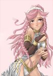  1girl blush braid bridal_gauntlets brown_gloves closed_mouth cowboy_shot fingernails fire_emblem fire_emblem_awakening gloves hairband hands_up head_tilt highres kirie_kairi long_hair looking_at_viewer navel olivia_(fire_emblem) panties pink_background pink_eyes pink_hair pink_nails simple_background solo underwear white_panties wide-eyed 