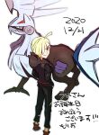  1boy ahoge bangs black_pants blonde_hair brown_footwear closed_mouth commentary_request dated gen_7_pokemon gladion_(pokemon) green_eyes hair_over_one_eye highres hood hood_down hoodie legendary_pokemon long_sleeves looking_at_viewer looking_back male_focus morio_(poke_orio) pants pokemon pokemon_(creature) pokemon_(game) pokemon_sm shoes short_hair silvally simple_background smile standing torn_clothes translation_request white_background 