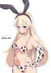  1girl absurdres animal_print bikini black_hairband blonde_hair breasts collarbone cow_print cowboy_shot gloves grey_eyes hairband hand_on_hip highres kantai_collection kirchoff long_hair looking_at_viewer navel one-hour_drawing_challenge shimakaze_(kancolle) simple_background small_breasts solo standing swimsuit twitter_username white_background white_bikini white_gloves 