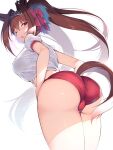  1girl animal_ears ass bangs blush breasts brown_hair buruma daiwa_scarlet_(umamusume) gym_uniform hair_intakes hair_ribbon highres horse_ears horse_girl horse_tail large_breasts long_hair looking_at_viewer midriff migumigu one_eye_closed open_mouth red_eyes ribbon simple_background solo standing tail tiara twintails twitter_username umamusume white_background 