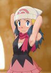  1girl absurdres armpits arms_behind_head beanie blue_eyes blue_hair blush closed_mouth commentary_request hikari_(pokemon) eyelashes hair_ornament hairclip hat highres long_hair looking_up miraa_(chikurin) pink_scarf pink_skirt poke_ball_print pokemon pokemon_(anime) pokemon_dppt_(anime) raised_eyebrows scarf shirt skirt sleeveless sleeveless_shirt solo steam sweat white_headwear 