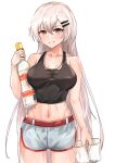  1girl absurdres black_tank_top bottle breasts collarbone cowboy_shot cup drinking_glass girls_frontline grey_eyes grey_hair grey_shorts hair_ornament hairclip highres holding holding_bottle holding_cup large_breasts long_hair muteppona_hito navel shorts simple_background solo svd_(girls_frontline) tank_top very_long_hair white_background 