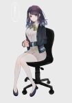 1girl :o akitama2727 bangs blue_eyes blue_hair blue_jacket breasts chair coffee coffee_mug cup earrings full_body grey_background grey_skirt hair_between_eyes holding holding_cup jacket jewelry long_sleeves looking_at_viewer medium_hair mug ningyo_hime_(sinoalice) office_chair office_lady open_mouth reality_arc_(sinoalice) shirt simple_background sinoalice sitting skirt solo white_shirt 