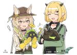  2girls animal_ears arknights bangs beanstalk_(arknights) blonde_hair blunt_bangs braid brown_hair eyebrows_visible_through_hair fang flower gloves grey_eyes hat horns hyena_ears infection_monitor_(arknights) jacket lizard_tail long_hair melonwaterlemon metal_crab_(arknights) multiple_girls open_mouth originium_slug_(arknights) pointy_ears short_hair skin_fang symbol_commentary tail vanilla_(arknights) 