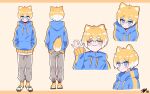  1boy :3 animal_ears bangs blonde_hair blue_eyes blush blush_stickers bob_cut character_sheet dog_boy dog_ears dog_tail eyebrows_visible_through_hair full_body glasses highres hood hoodie kim_tosyeo looking_at_viewer male_focus multicolored_hair multiple_views sandals short_eyebrows solo tail tosyeo_59 twitch.tv two-tone_hair waving white_hair 