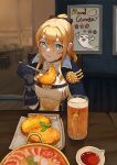  1girl absurdres alcohol beer_mug blonde_hair blue_eyes blush bow bowl breasts capelet cup drink eating food fork genshin_impact ghost hair_bow highres indoors jean_(genshin_impact) looking_at_viewer mug non09_24 ponytail poster_(object) sitting solo table 
