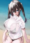  1girl bangs beach bikini bikini_under_clothes black_bikini blue_eyes blush breasts brown_hair highres large_breasts long_hair looking_at_viewer mitsudoue open_mouth original shirt shore short_sleeves smile solo swimsuit tongue tongue_out twintails white_shirt 