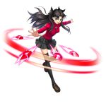  1girl artist_request black_hair blue_eyes breasts eyebrows_visible_through_hair fate/stay_night fate_(series) full_body gem hair_between_eyes long_hair long_sleeves looking_at_viewer medium_breasts miniskirt official_art open_mouth shoes skirt solo thigh-highs tohsaka_rin tongue transparent_background valkyrie_connect zettai_ryouiki 