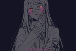  108_(toowa) 1boy bandaged_hands bandages bangs black_background blood blood_on_face bloody_tears dangan_ronpa_(series) dangan_ronpa_v3:_killing_harmony hand_on_own_cheek hand_on_own_face hand_up highres jacket long_hair long_sleeves looking_at_viewer mask mouth_mask pink_blood shinguuji_korekiyo simple_background sketch spot_color twitter_username upper_body yellow_eyes 