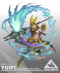  1343978684 1girl animal_ears anubis belt belt_pouch blue_eyes blue_fire chaps clothing_cutout commentary_request dark_skin egyptian_mythology fire full_body goggles goggles_on_head grey_hair grin highres jackal_ears jackal_tail long_hair looking_at_viewer original pouch scythe short_shorts shorts shoulder_cutout smile suspenders 