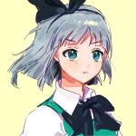  1girl bangs black_bow black_hairband black_neckwear bow closed_mouth collar dress eyebrows_visible_through_hair green_dress green_eyes grey_hair hairband highres konpaku_youmu looking_to_the_side mujiga shirt short_hair short_sleeves simple_background sketch solo touhou upper_body white_collar white_shirt white_sleeves yellow_background 