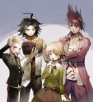  4boys :d ahoge aoki_(fumomo) arm_at_side arm_up bangs black_hair black_jacket black_neckwear blonde_hair blush_stickers book brown_hair brown_skirt collarbone commentary_request cowboy_shot crossed_arms dangan_ronpa/zero dangan_ronpa:_trigger_happy_havoc dangan_ronpa_(series) dangan_ronpa_2:_goodbye_despair dangan_ronpa_v3:_killing_harmony eyebrows_visible_through_hair facial_hair fujisaki_chihiro goatee gradient gradient_background green_jacket green_ribbon grey_background hair_up hand_on_own_head happy holding holding_book jacket kuzuryuu_fuyuhiko long_sleeves looking_at_viewer matsuda_yasuke momota_kaito multiple_boys neck_ribbon necktie open_mouth otoko_no_ko pants pink_jacket pink_pants pleated_skirt print_shirt reading ribbon shiny shiny_hair shirt shirt_half_tucked_in short_hair skirt smile space_print spiky_hair starry_sky_print striped_jacket very_short_hair 