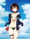  1girl adapted_costume bikini blue_jacket blue_sky breasts brown_hair clouds day gradient_hair green_bikini jacket kantai_collection long_sleeves multicolored_hair mutsuki_(kancolle) navel open_clothes open_jacket outdoors redhead remodel_(kantai_collection) sameha_ikuya short_hair side-tie_bikini sky small_breasts solo standing string_bikini swimsuit 