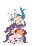  5girls :d :o absurdres bangs beret blonde_hair blue_eyes blue_hair blue_hoodie blush chibi closed_eyes commentary_request deerstalker diamond_hairband fish_tail gawr_gura gradient_hair green_hair hair_ornament hand_on_another&#039;s_head hat highres hololive hololive_english hood hoodie long_sleeves lying_on_person mori_calliope multicolored_hair multiple_girls neru_(flareuptf1) ninomae_ina&#039;nis open_mouth orange_hair pink_hair purple_hair red_eyes redhead shark_hair_ornament shark_tail sharp_teeth short_hair short_sleeves sidelocks simple_background smile streaked_hair tail takanashi_kiara teeth tentacle_hair tentacles tiara violet_eyes virtual_youtuber watson_amelia white_background white_hair wrist_cuffs 