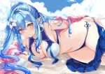  1girl ahoge bikini blue_bikini blue_hair blue_skirt blue_sky blush breasts clothes_pull clouds cloudy_sky day eyebrows_visible_through_hair flower hair_flower hair_ornament heart_ahoge hinahino hololive jacket large_breasts long_hair looking_at_viewer lying off_shoulder on_side pointy_ears sand skirt skirt_pull sky solo swimsuit twitter_username virtual_youtuber yellow_eyes yukihana_lamy 