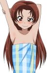  armpits arms_up blush breasts brown_eyes brown_hair cowboy_shot girls_und_panzer highres kadotani_anzu long_hair looking_at_viewer naked_towel raised_eyebrows small_breasts smile smirk towel wakku_kan wet wet_hair white_background 