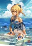  1girl arm_support bare_shoulders beach black_footwear blonde_hair blouse blue_blouse blue_eyes blue_sky clouds daniel_deng detached_sleeves genshin_impact hair_between_eyes high-waist_shorts high_heels high_ponytail highres in_water jean_(genshin_impact) jean_(sea_breeze_dandelion)_(genshin_impact) official_alternate_costume partially_submerged shore shorts sidelocks sky thigh_strap thighs wet white_shorts 