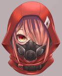  1girl commentary_request gas_mask grey_background hair_over_one_eye hood hood_up looking_at_viewer mask nikubanare orange_eyes original red_hood redhead respirator snap-fit_buckle solo 