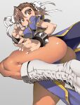  1girl ass blue_dress blue_panties blush boots bracelet breasts brown_eyes brown_hair brown_legwear bun_cover china_dress chinese_clothes chun-li covered_nipples cross-laced_footwear double_bun dress fingernails grey_background highres jewelry knee_boots medium_breasts open_mouth panties pantyhose pantyshot pelvic_curtain puffy_short_sleeves puffy_sleeves sash short_sleeves solo spiked_bracelet spikes standing standing_on_one_leg street_fighter street_fighter_ii_(series) thick_thighs thighs underwear white_footwear ysk! 