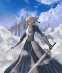  1girl absurdres ahoge architecture armor armored_dress artist_name artoria_pendragon_(all) bangs blonde_hair blue_dress blue_ribbon blue_sky braid braided_bun breastplate castle clouds cloudy_sky dress excalibur_(fate/stay_night) eyes_visible_through_hair fate/stay_night fate_(series) full_body gauntlets hair_between_eyes hair_bun hair_ribbon highres holding holding_sword holding_weapon huge_filesize knight long_sleeves prezonya46 ribbon saber sky solo sword water waves weapon 