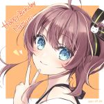  1girl ahoge blue_eyes bow brown_hair commentary_request dated eyebrows_visible_through_hair face hair_bow happy_birthday highres hololive kabi_akaru looking_at_viewer natsuiro_matsuri orange_background side_ponytail smile solo two-tone_background v virtual_youtuber white_background 